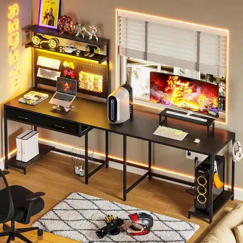 L-Shaped Gaming Desk with LED Lights, Pegboard, Drawers, and Monitor Stand