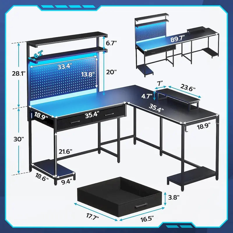 L-Shaped Gaming Desk with LED Lights, Pegboard, Drawers, and Monitor Stand