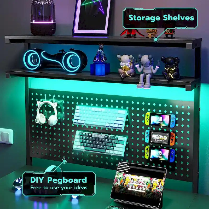 L-Shaped Gaming Desk with LED Lights, Pegboard, Drawers, and Monitor Stand