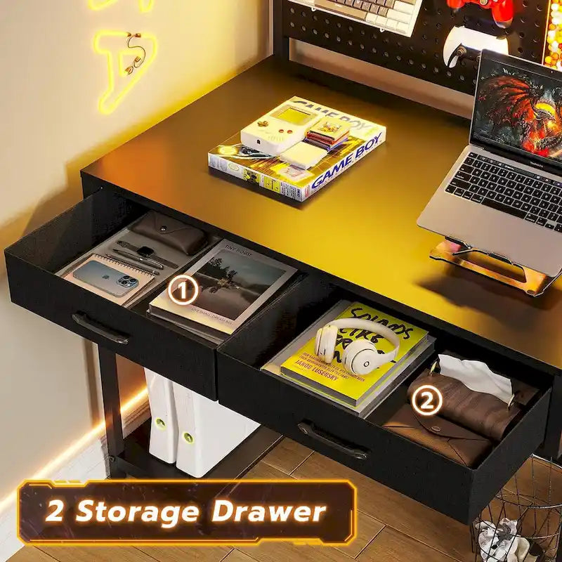 L-Shaped Gaming Desk with LED Lights, Pegboard, Drawers, and Monitor Stand