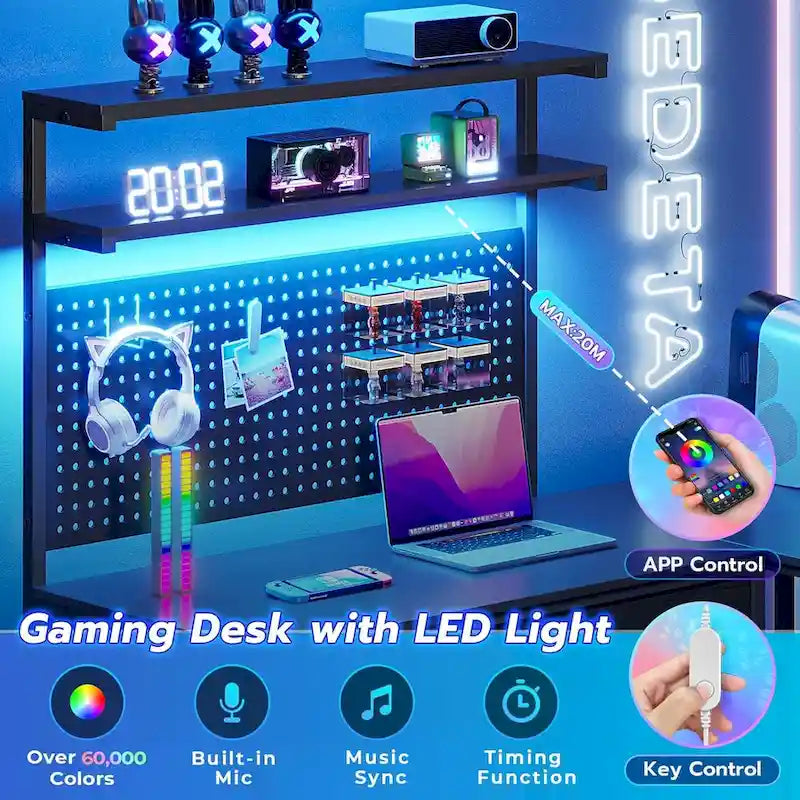 L-Shaped Gaming Desk with LED Lights, Pegboard, Drawers, and Monitor Stand
