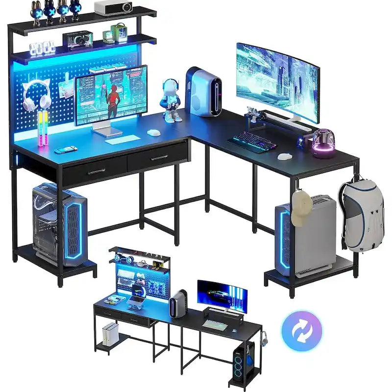 L-Shaped Gaming Desk with LED Lights, Pegboard, Drawers, and Monitor Stand