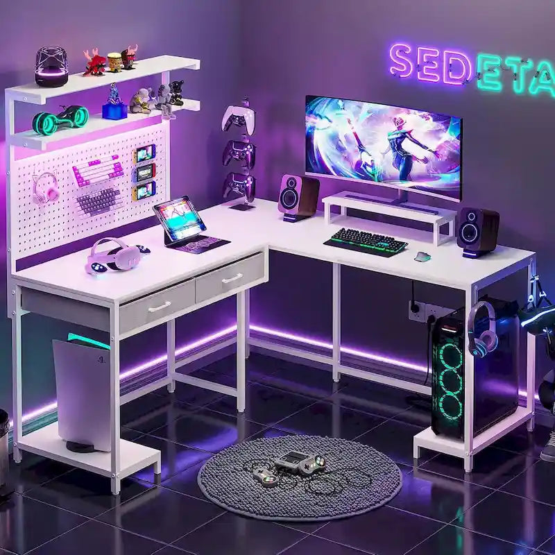 L-Shaped Gaming Desk with LED Lights, Pegboard, Drawers, and Monitor Stand
