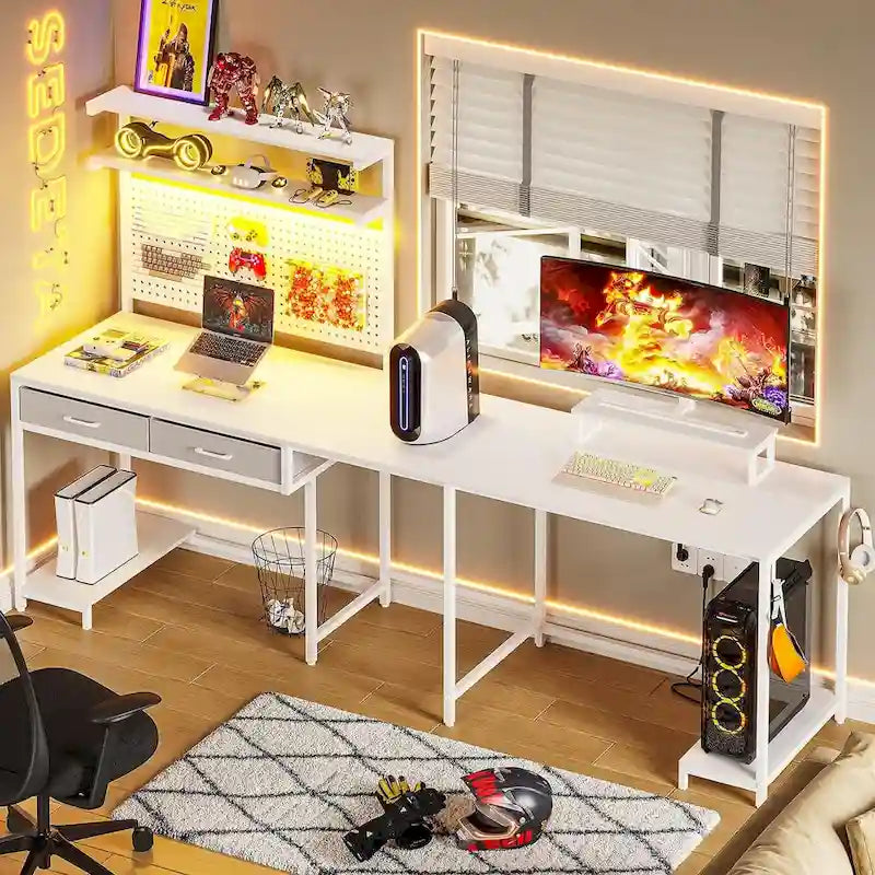 L-Shaped Gaming Desk with LED Lights, Pegboard, Drawers, and Monitor Stand