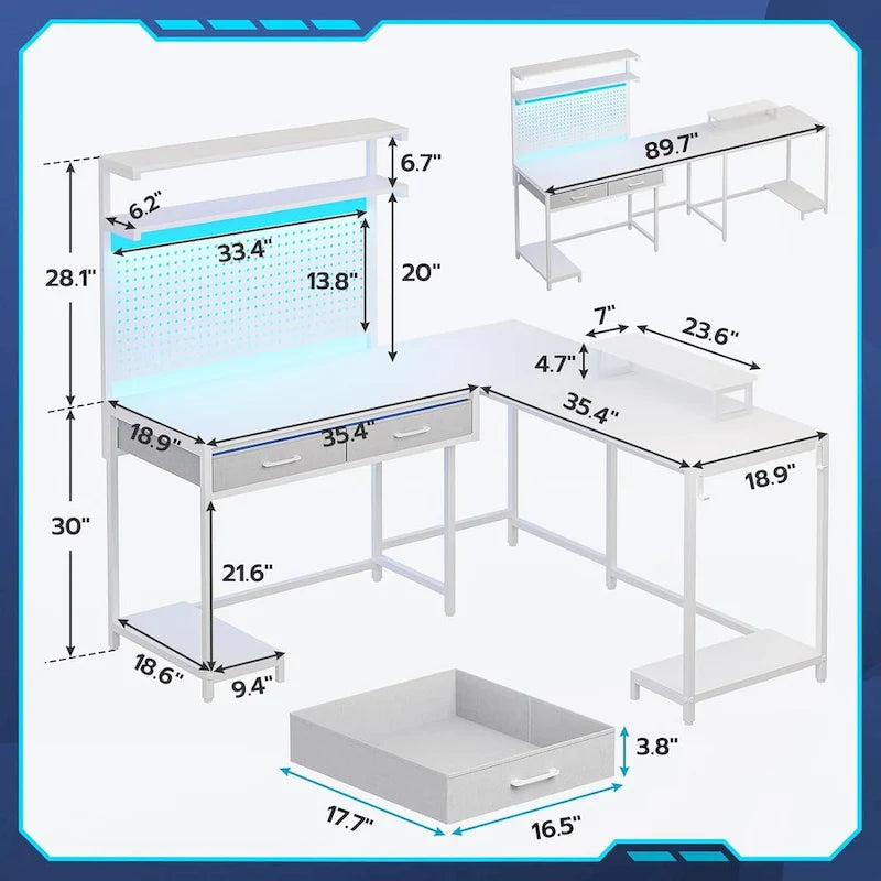 L-Shaped Gaming Desk with LED Lights, Pegboard, Drawers, and Monitor Stand