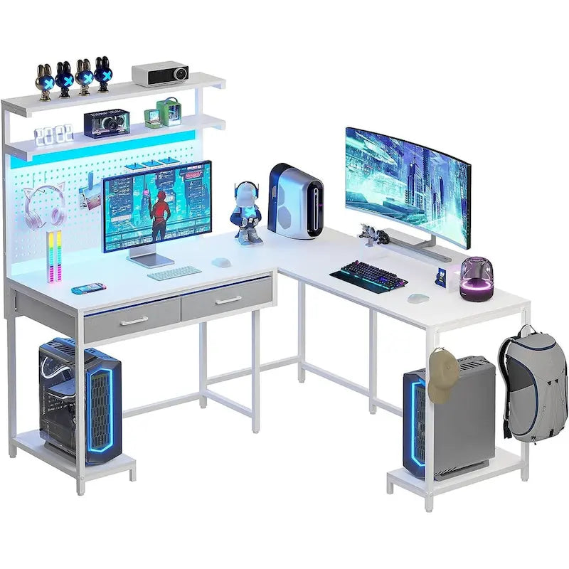 L-Shaped Gaming Desk with LED Lights, Pegboard, Drawers, and Monitor Stand