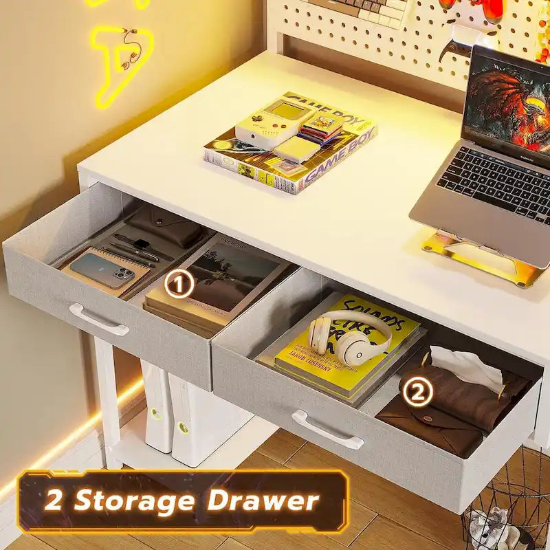 L-Shaped Gaming Desk with LED Lights, Pegboard, Drawers, and Monitor Stand