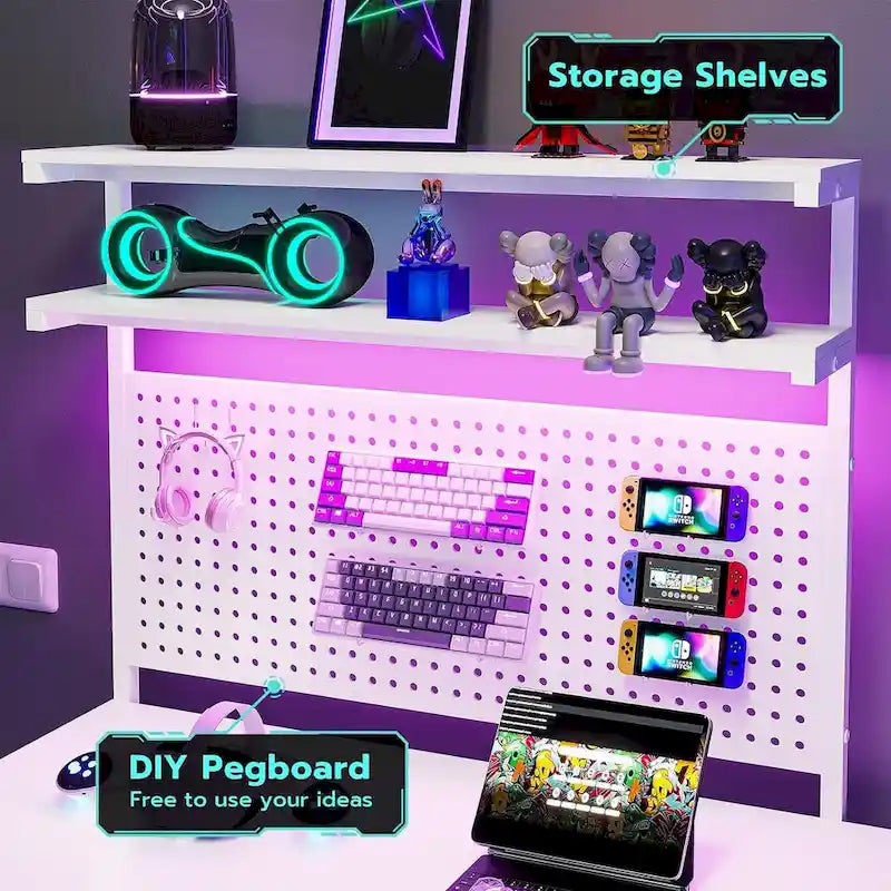 L-Shaped Gaming Desk with LED Lights, Pegboard, Drawers, and Monitor Stand