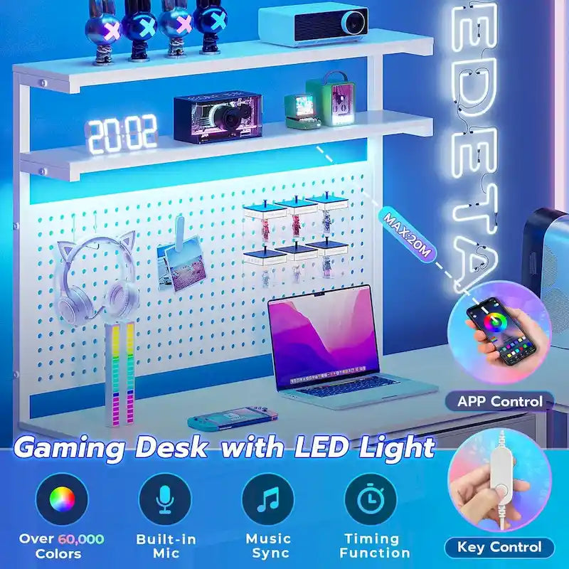 L-Shaped Gaming Desk with LED Lights, Pegboard, Drawers, and Monitor Stand