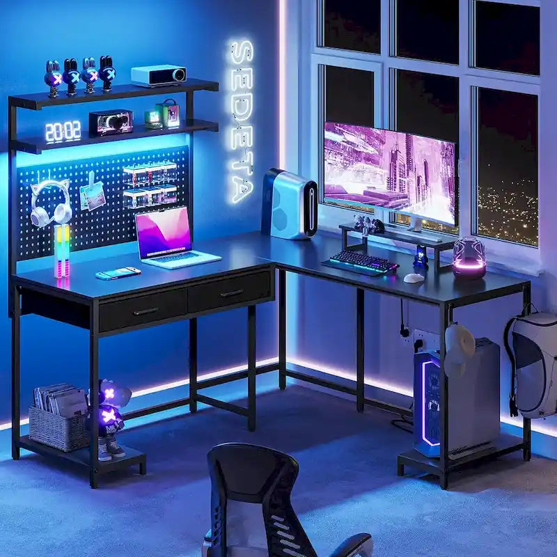 L-Shaped Gaming Desk with LED Lights, Pegboard, Drawers, and Monitor Stand