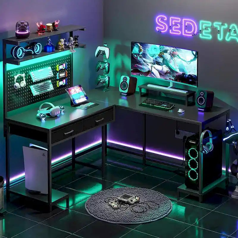 L-Shaped Gaming Desk with LED Lights, Pegboard, Drawers, and Monitor Stand