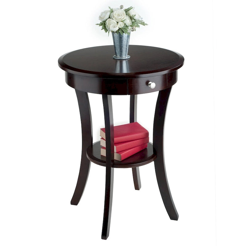 Round Accent Table with Drawer and Shelf in Cappuccino, 20W x 20D x 27H