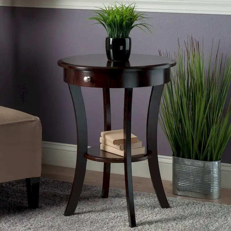 Round Accent Table with Drawer and Shelf in Cappuccino, 20W x 20D x 27H