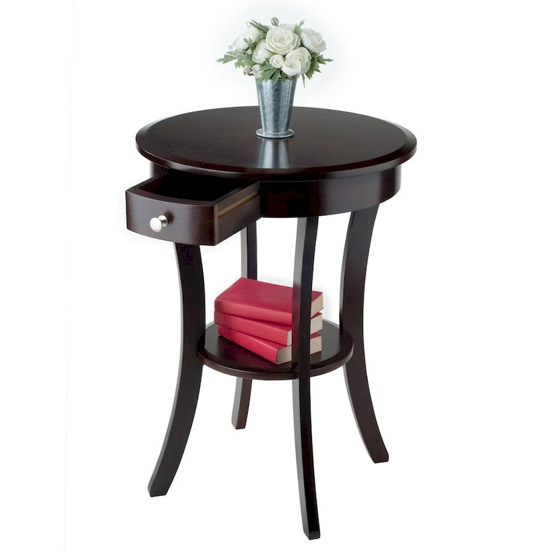 Round Accent Table with Drawer and Shelf in Cappuccino, 20W x 20D x 27H