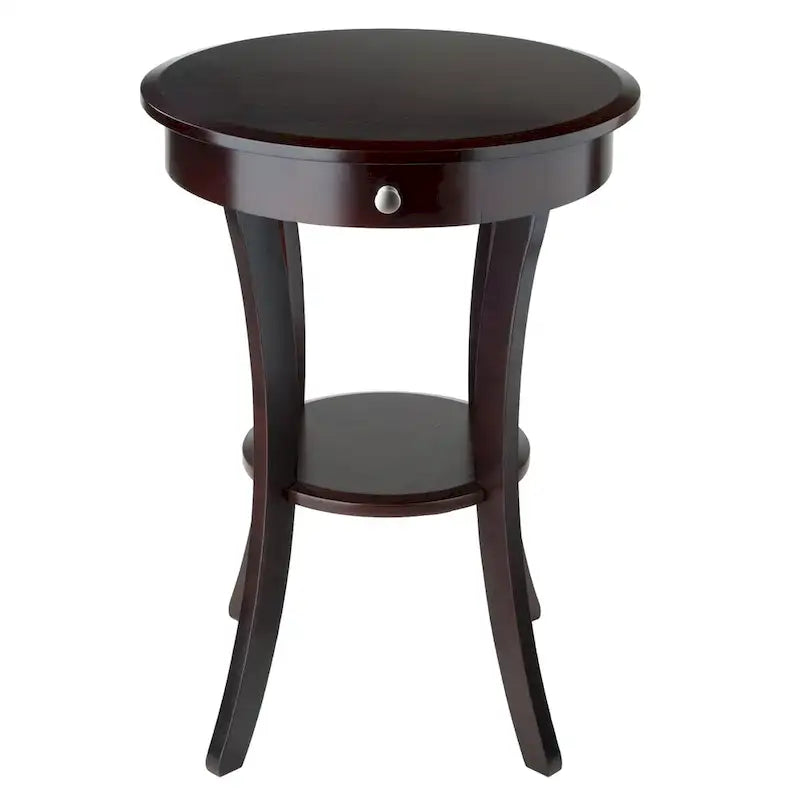 Round Accent Table with Drawer and Shelf in Cappuccino, 20W x 20D x 27H