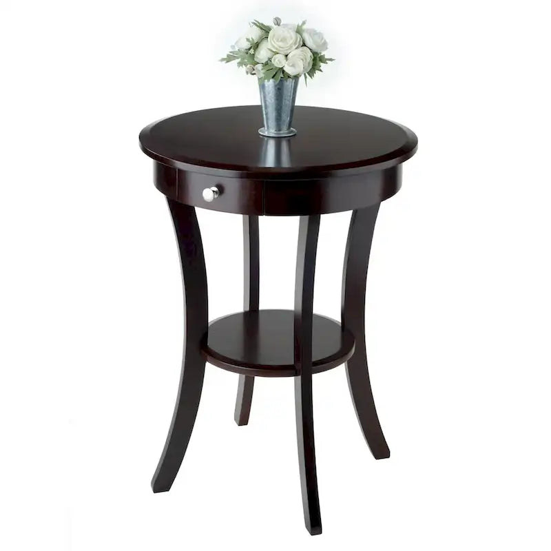 Round Accent Table with Drawer and Shelf in Cappuccino, 20W x 20D x 27H