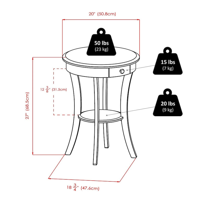 Round Accent Table with Drawer and Shelf in Cappuccino, 20W x 20D x 27H