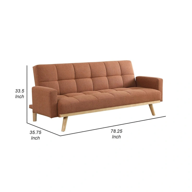 78-Inch Mid Century Modern Sofa Futon Bed with Tufted Back, Angled Legs, Orange Fabric