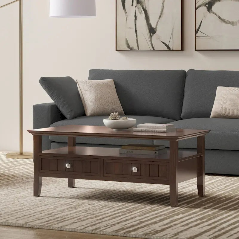 48-Inch Solid Wood Transitional Coffee Table with Drawers in Brunette Brown