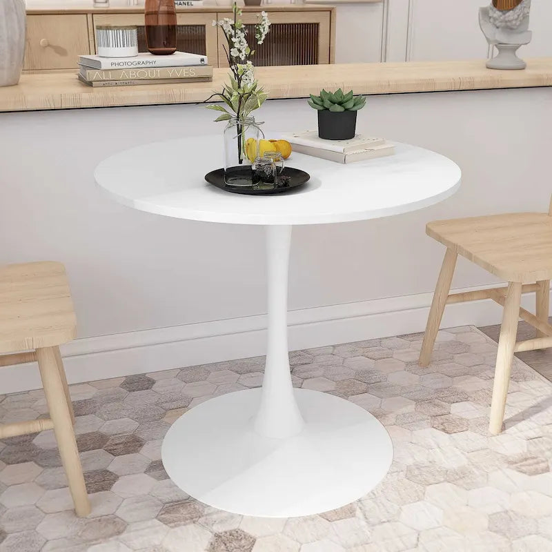 32-Inch Round Dining Table with White Marble Print and Metal Base