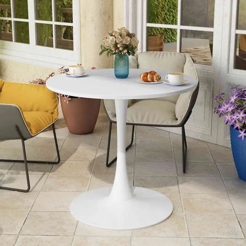 32-Inch Round Dining Table with White Marble Print and Metal Base
