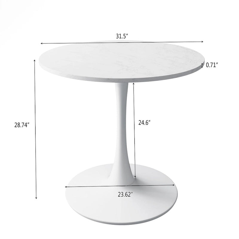 32-Inch Round Dining Table with White Marble Print and Metal Base
