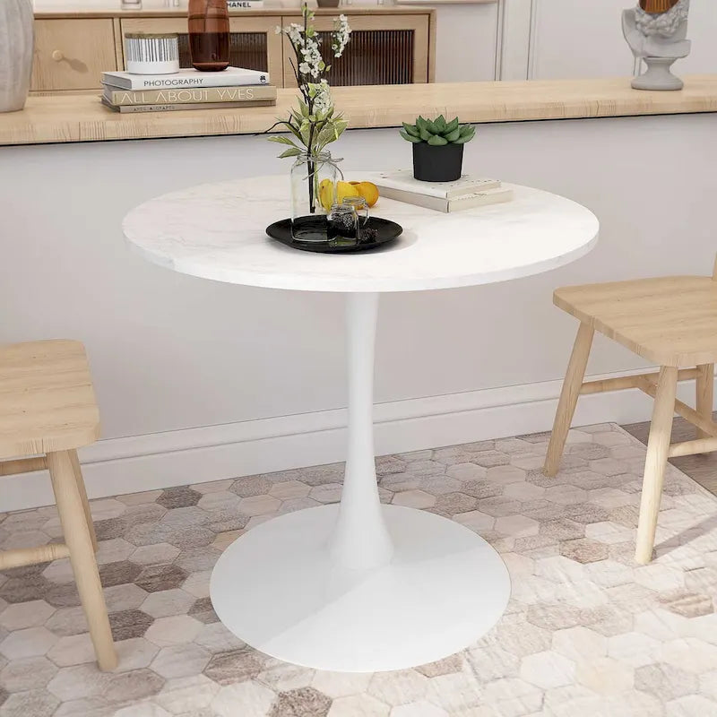 32-Inch Round Dining Table with White Marble Print and Metal Base
