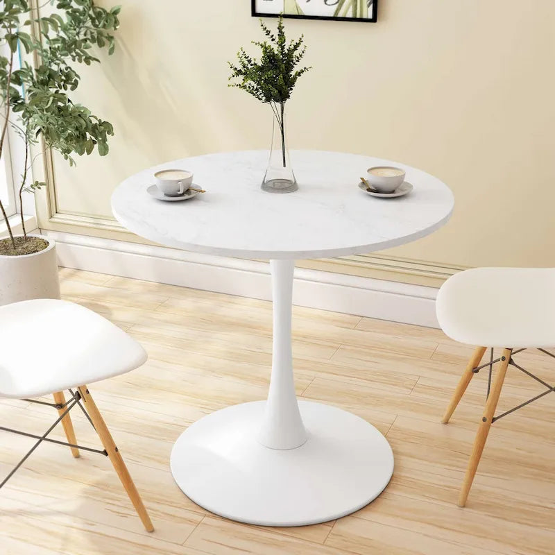 32-Inch Round Dining Table with White Marble Print and Metal Base