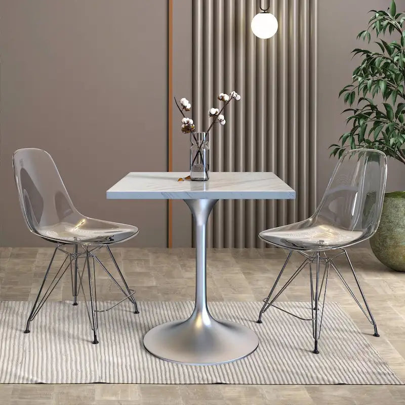 Square Dining Table with White Marbleized Resin Top and Brushed Steel Base