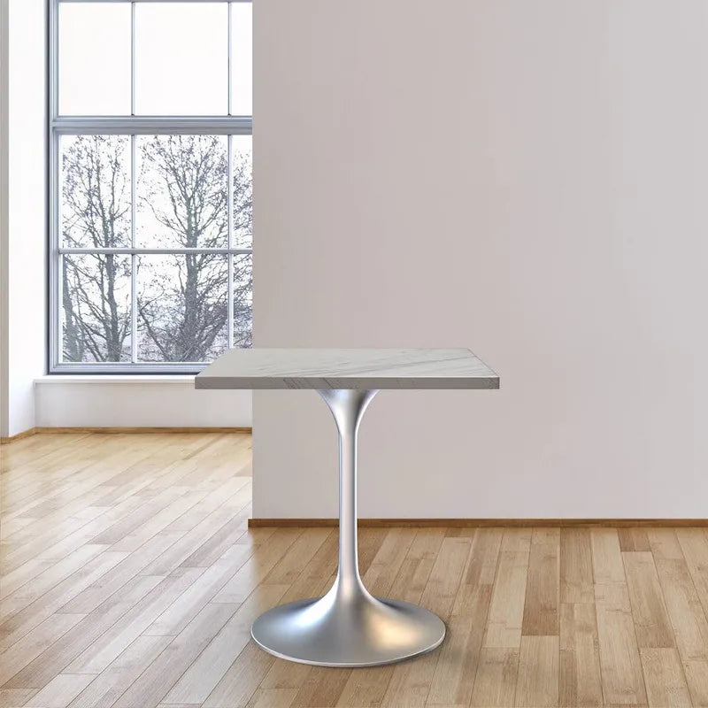 Square Dining Table with White Marbleized Resin Top and Brushed Steel Base