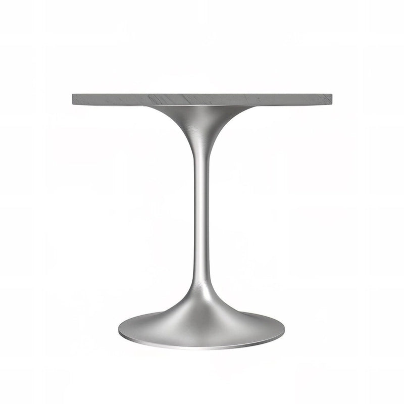 Square Dining Table with White Marbleized Resin Top and Brushed Steel Base
