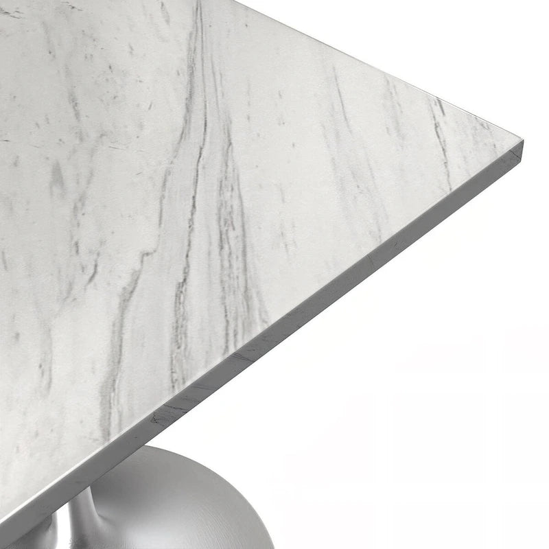 Square Dining Table with White Marbleized Resin Top and Brushed Steel Base
