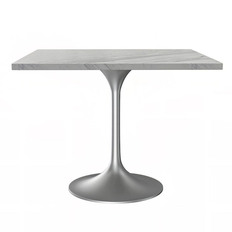 Square Dining Table with White Marbleized Resin Top and Brushed Steel Base