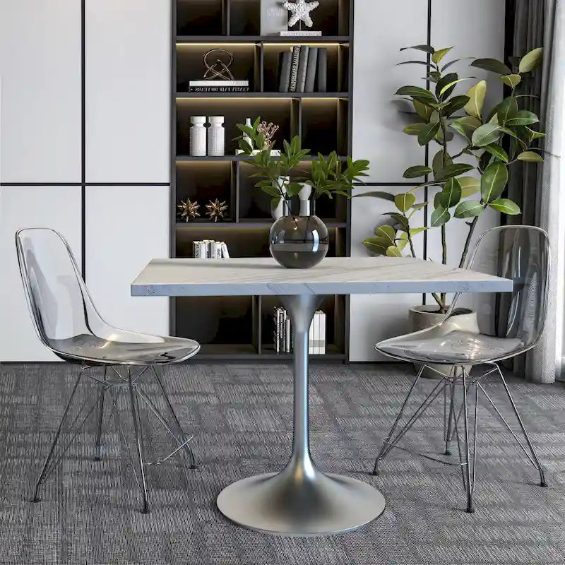 Square Dining Table with White Marbleized Resin Top and Brushed Steel Base