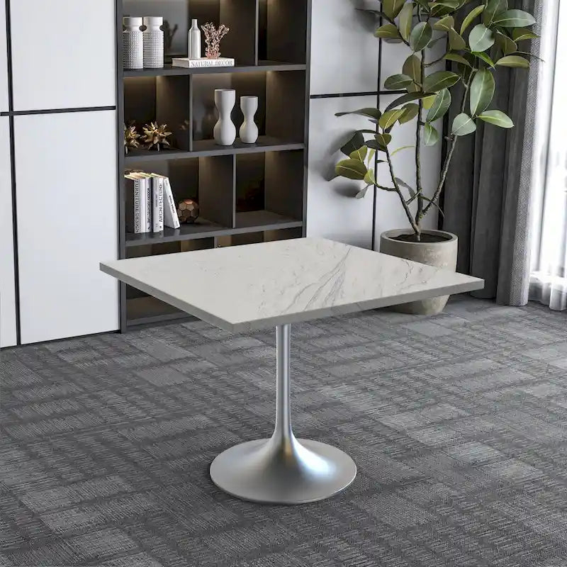 Square Dining Table with White Marbleized Resin Top and Brushed Steel Base