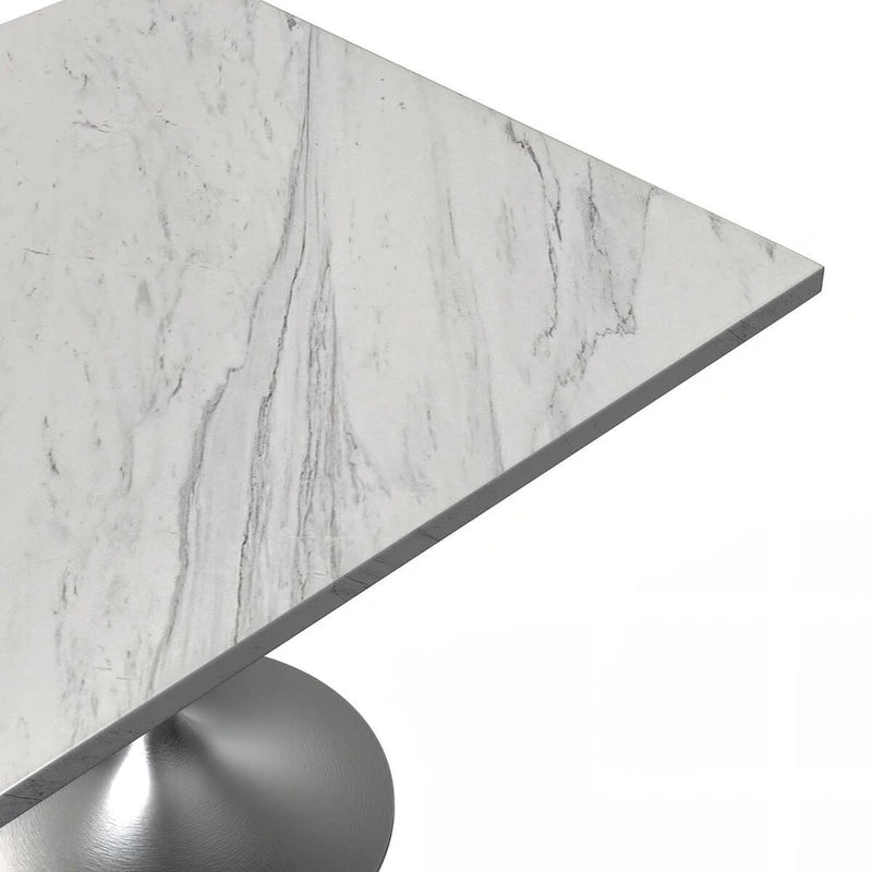 Square Dining Table with White Marbleized Resin Top and Brushed Steel Base