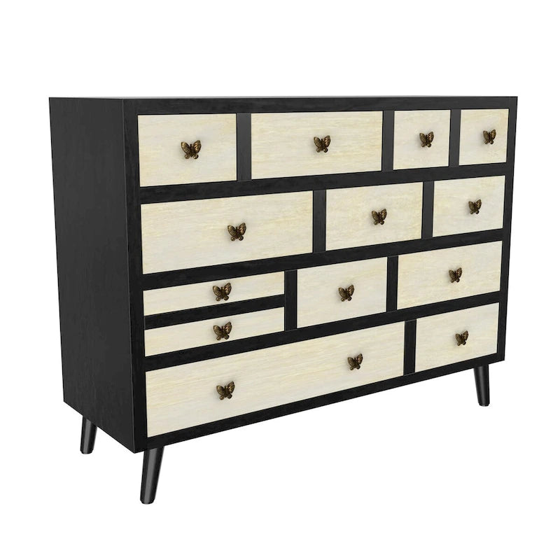 13-Drawer Solid Mango Wood Sideboard in Ebony and Washed Ivory