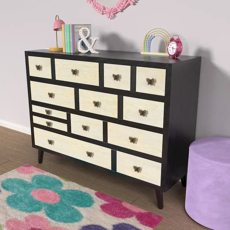 13-Drawer Solid Mango Wood Sideboard in Ebony and Washed Ivory