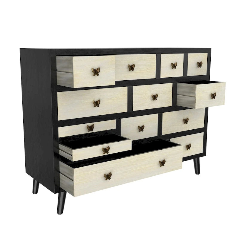 13-Drawer Solid Mango Wood Sideboard in Ebony and Washed Ivory