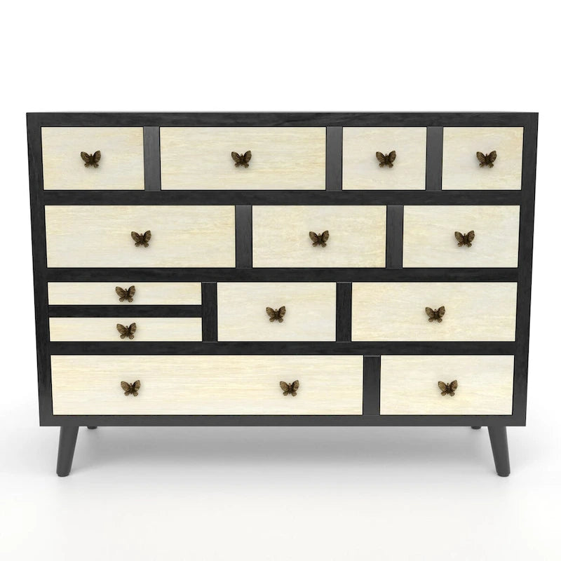 13-Drawer Solid Mango Wood Sideboard in Ebony and Washed Ivory