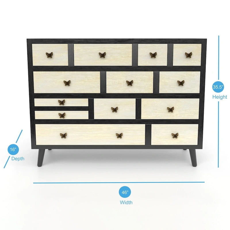 13-Drawer Solid Mango Wood Sideboard in Ebony and Washed Ivory