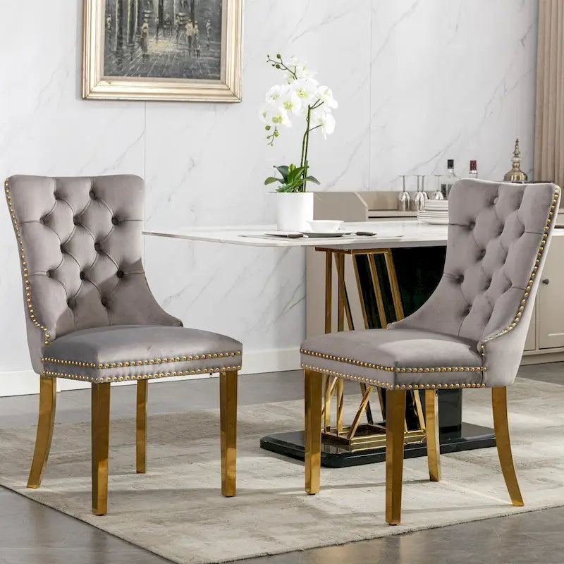 Tufted Velvet Upholstered Dining Chair with Gold Stainless Steel Legs, Set of 2