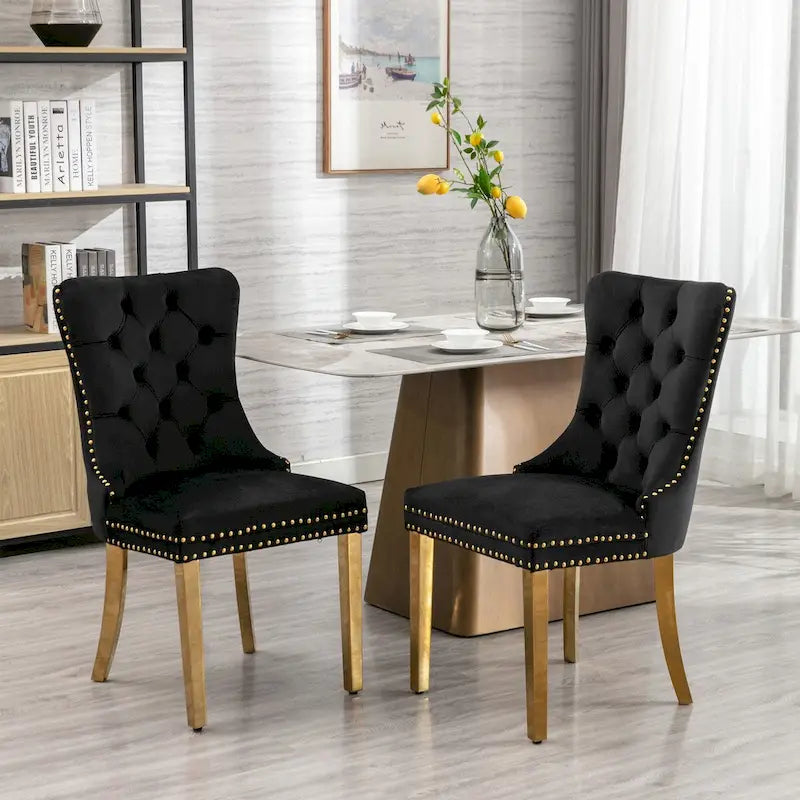 Tufted Velvet Upholstered Dining Chair with Gold Stainless Steel Legs, Set of 2