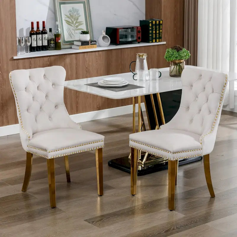Tufted Velvet Upholstered Dining Chair with Gold Stainless Steel Legs, Set of 2