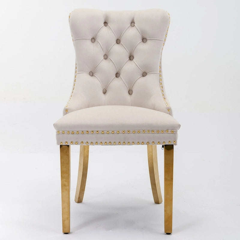 Tufted Velvet Upholstered Dining Chair with Gold Stainless Steel Legs, Set of 2