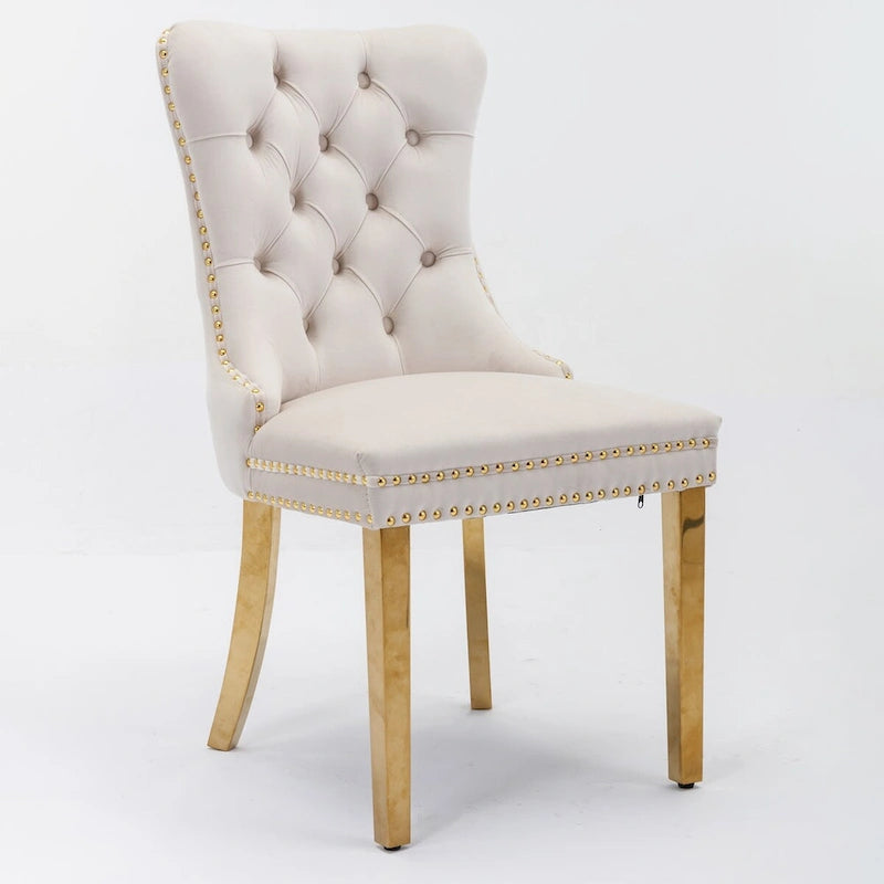 Tufted Velvet Upholstered Dining Chair with Gold Stainless Steel Legs, Set of 2