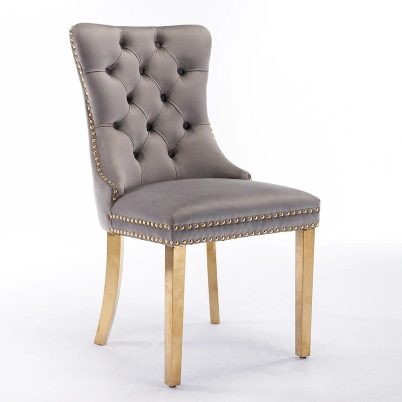 Tufted Velvet Upholstered Dining Chair with Gold Stainless Steel Legs, Set of 2