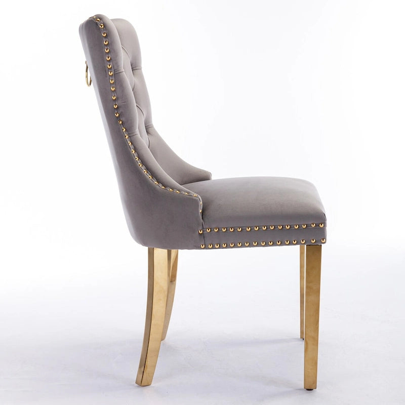Tufted Velvet Upholstered Dining Chair with Gold Stainless Steel Legs, Set of 2