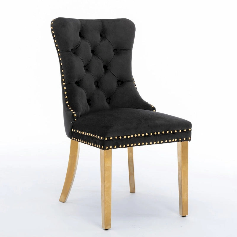 Tufted Velvet Upholstered Dining Chair with Gold Stainless Steel Legs, Set of 2