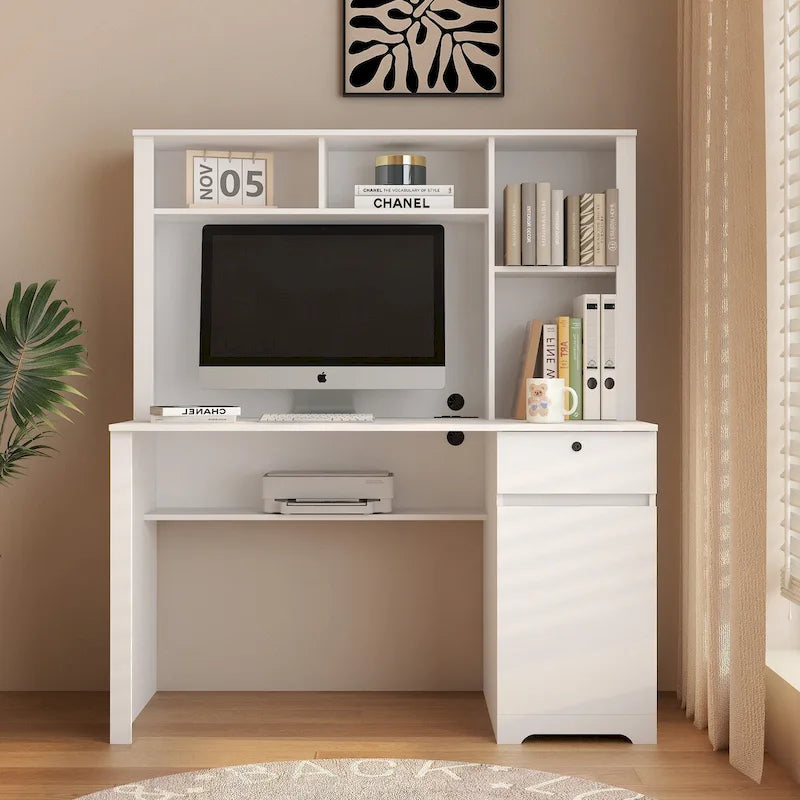 Computer Desk with Bookshelf, Drawers, 3 AC Outlets and 2 USB Ports